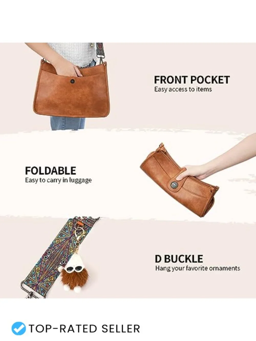 Vegan Leather Hobo Crossbody Bag with 2 Detachable Straps